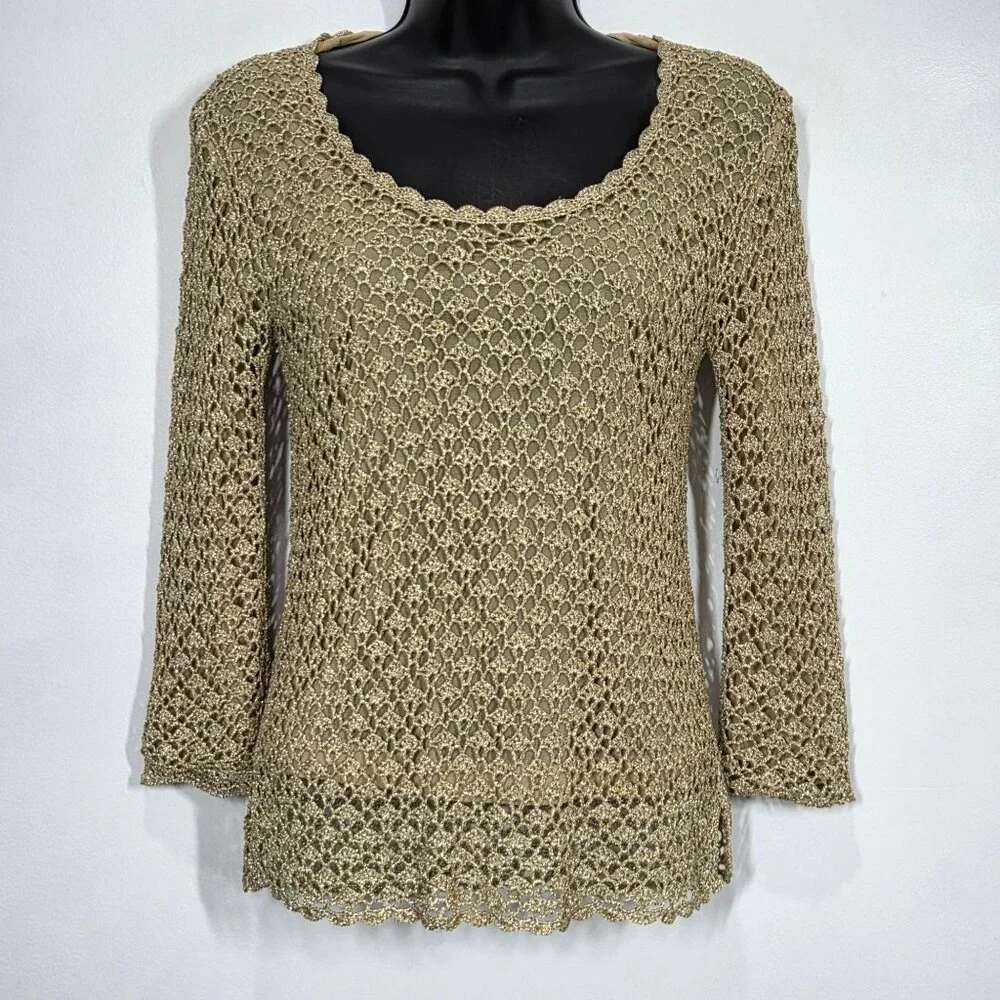 Vintage Cache Top Womens Small Gold Metallic Crochet Knit Mesh Party Y2K